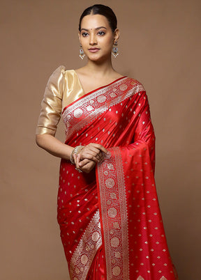 Red Banarasi Silk Saree With Blouse Piece