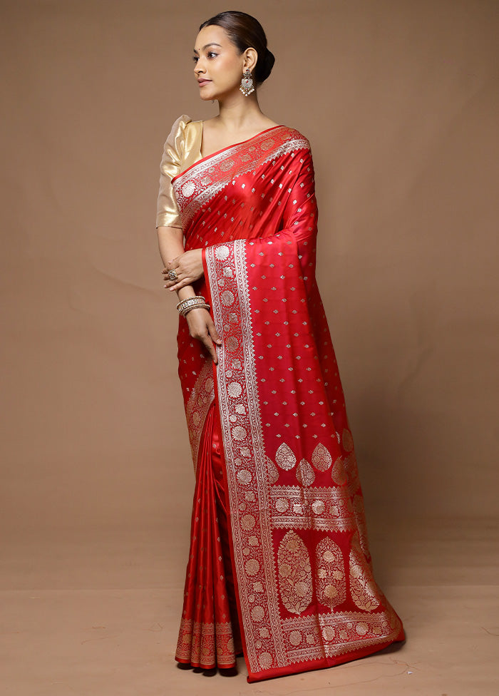 Red Banarasi Silk Saree With Blouse Piece