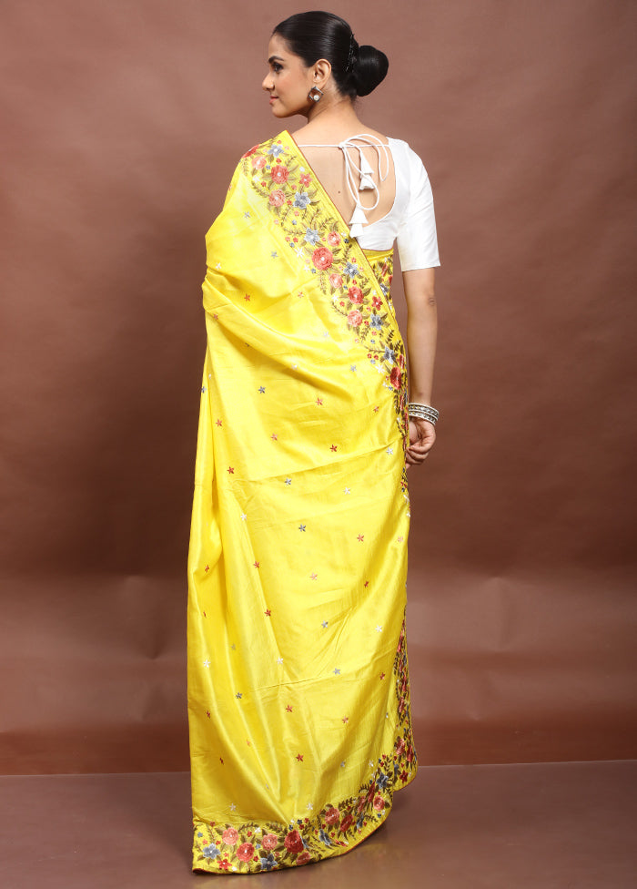 Yellow Handloom Tussar Pure Silk Saree With Blouse Piece