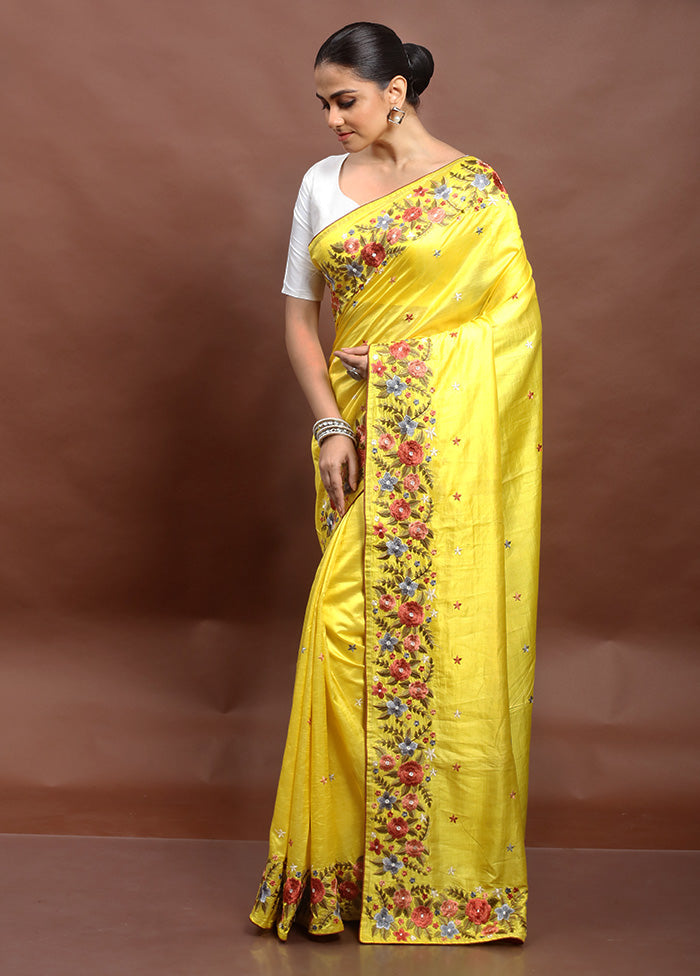 Yellow Handloom Tussar Pure Silk Saree With Blouse Piece