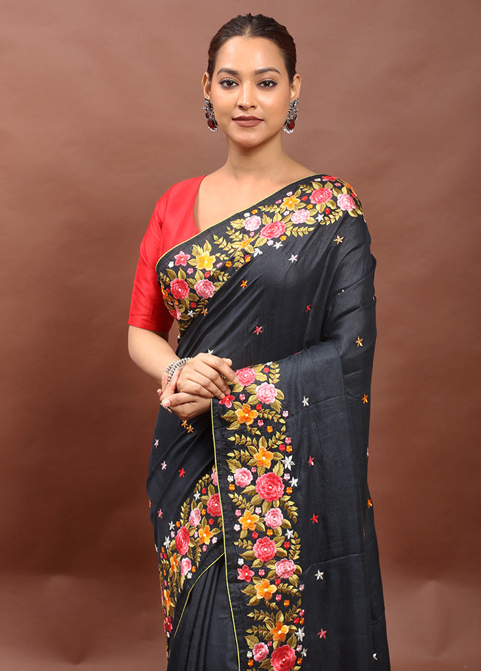 Black Handloom Tussar Pure Silk Saree With Blouse Piece