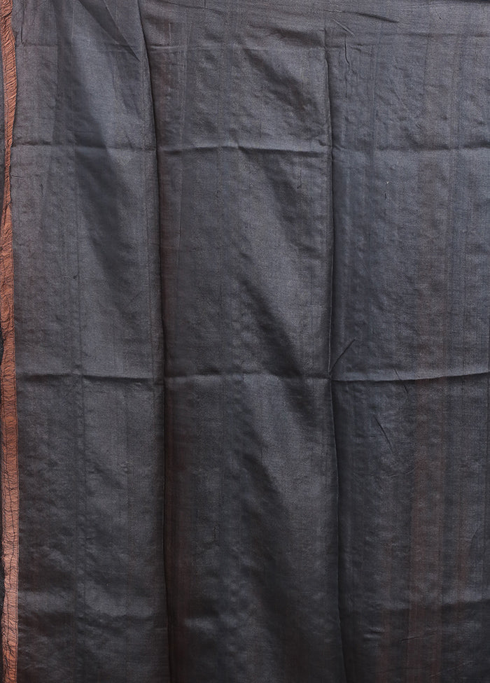 Black Handloom Tussar Pure Silk Saree With Blouse Piece