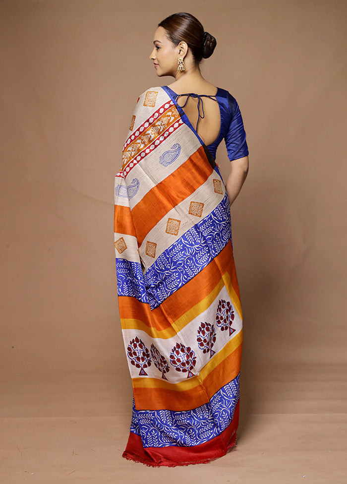 Cream Printed Pure Silk Saree Without Blouse Piece