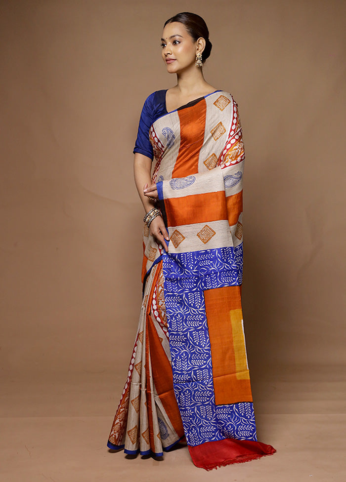 Cream Printed Pure Silk Saree Without Blouse Piece