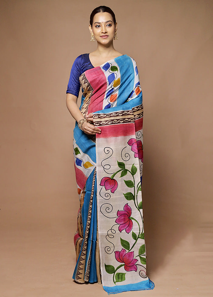 Blue Printed Pure Silk Saree Without Blouse Piece