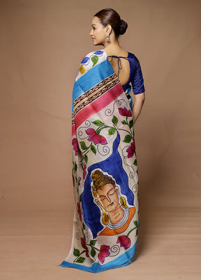 Blue Printed Pure Silk Saree Without Blouse Piece