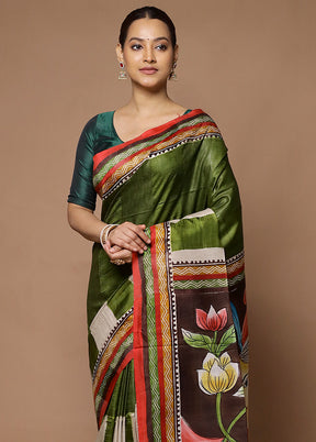 Green Printed Pure Silk Saree Without Blouse Piece