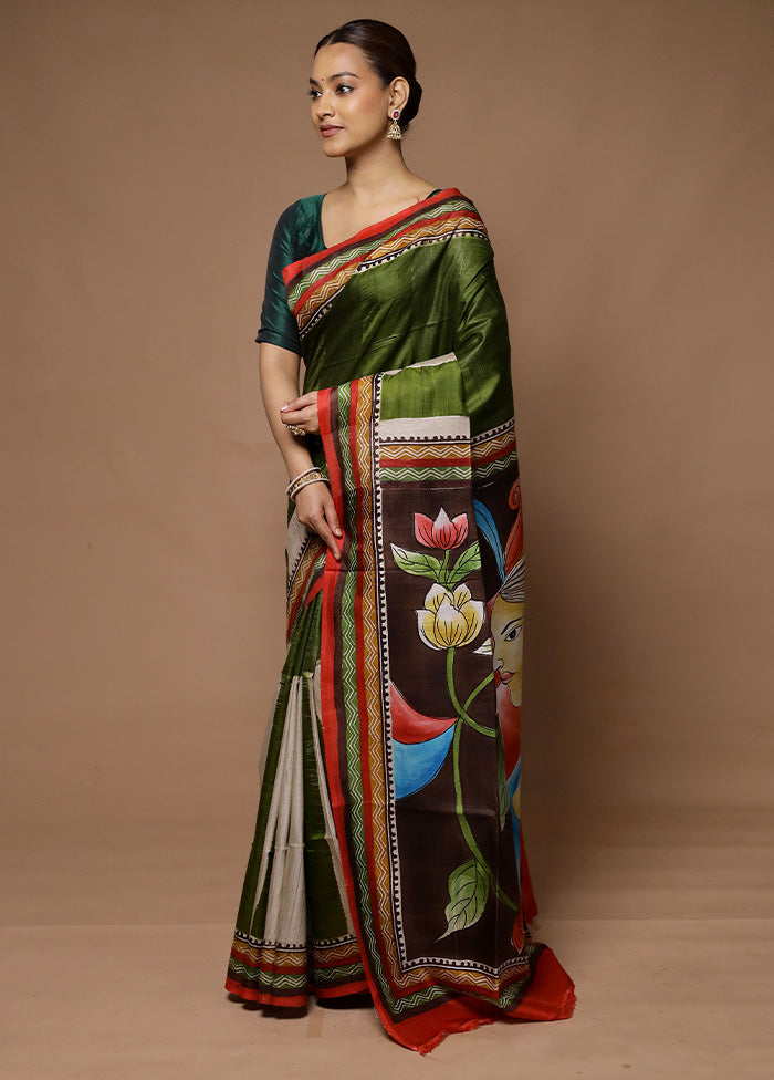 Green Printed Pure Silk Saree Without Blouse Piece