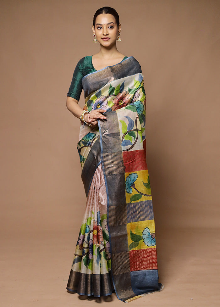 Cream Handloom Tussar Pure Silk Saree With Blouse Piece