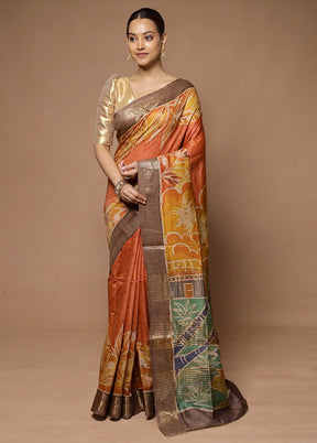 Orange Tussar Silk Saree With Blouse Piece