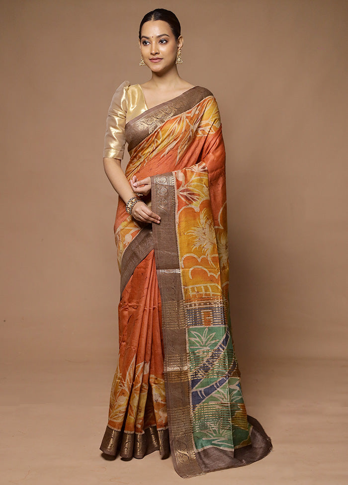 Orange Tussar Silk Saree With Blouse Piece