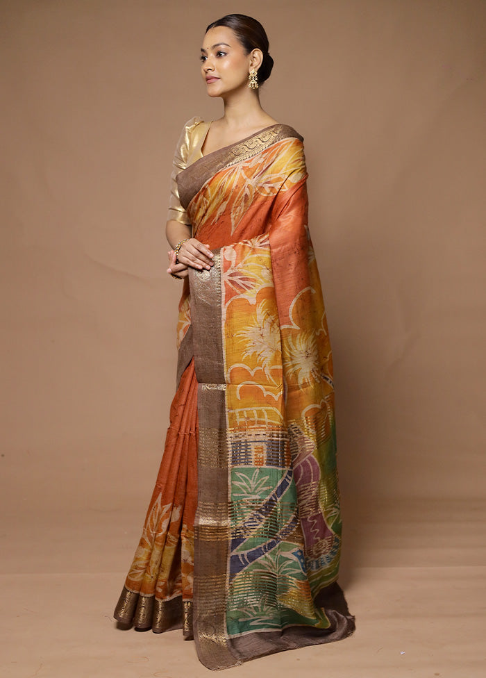 Orange Tussar Silk Saree With Blouse Piece