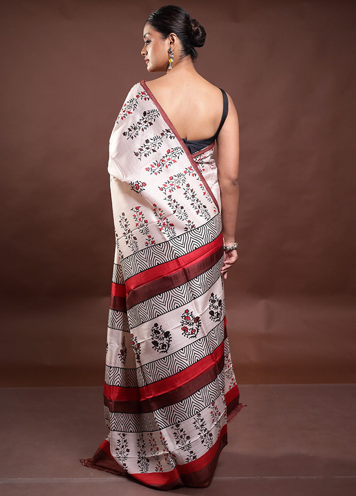 Cream Printed Pure Silk Saree Without Blouse Piece