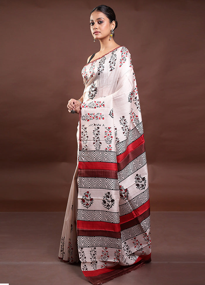 Cream Printed Pure Silk Saree Without Blouse Piece