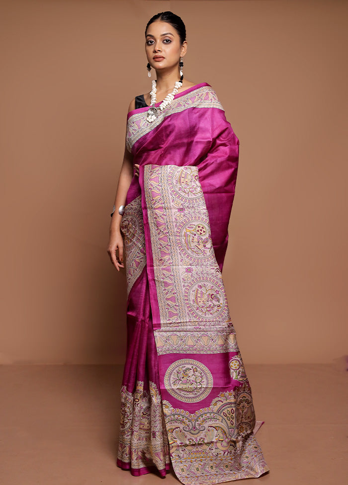 Purple Printed Pure Silk Saree Without Blouse Piece