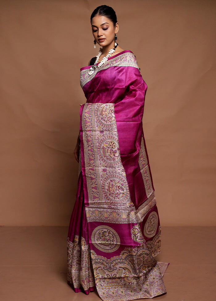 Purple Printed Pure Silk Saree Without Blouse Piece