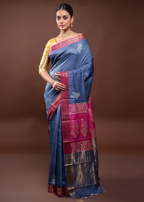 Blue Tussar Silk Saree With Blouse Piece