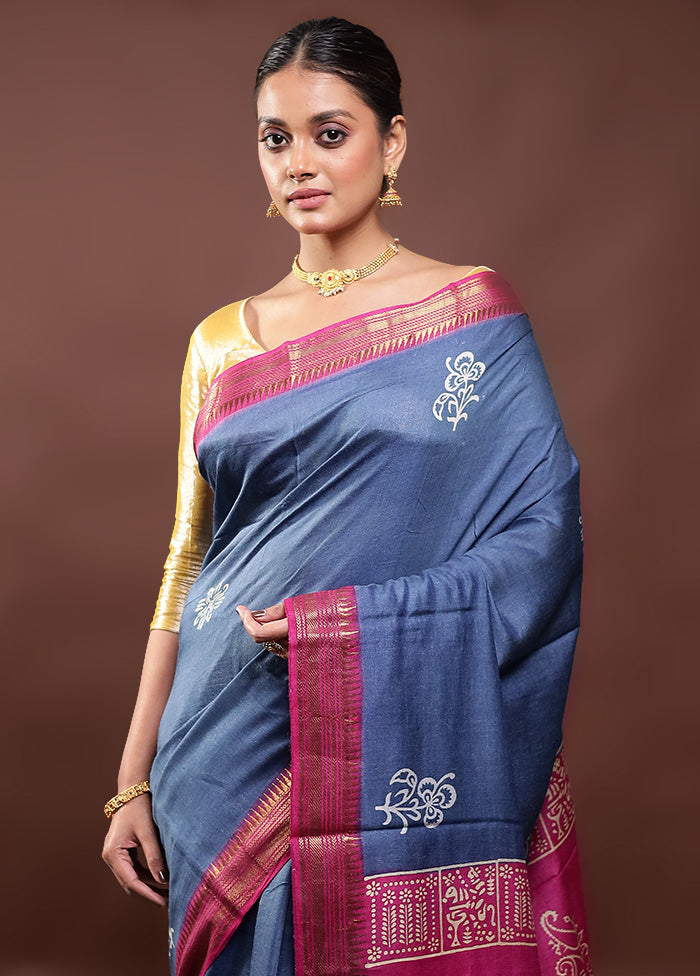 Blue Tussar Silk Saree With Blouse Piece