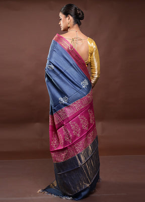 Blue Tussar Silk Saree With Blouse Piece