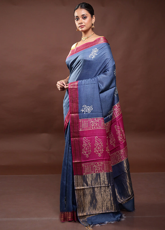 Blue Tussar Silk Saree With Blouse Piece