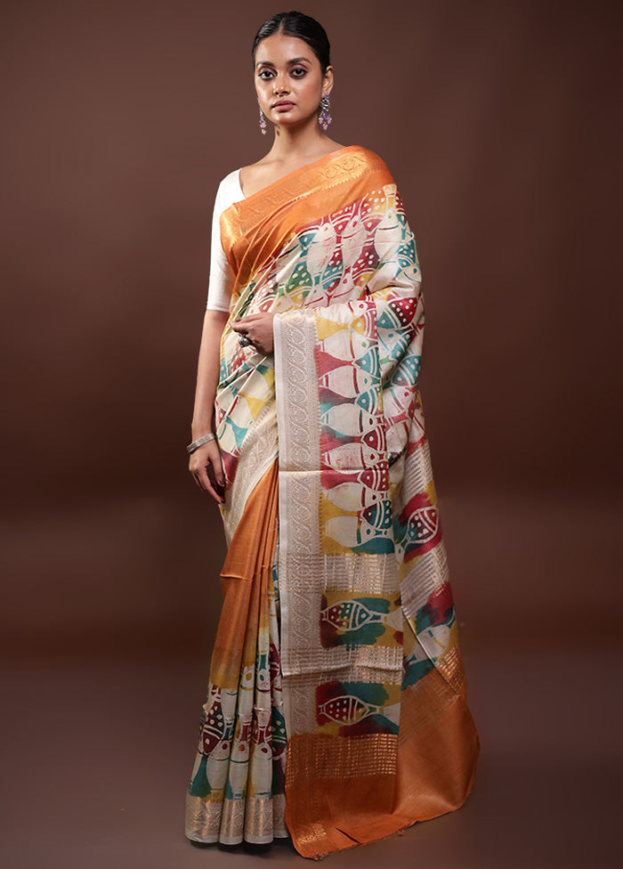 Multicolor Printed Pure Silk Saree Without Blouse Piece