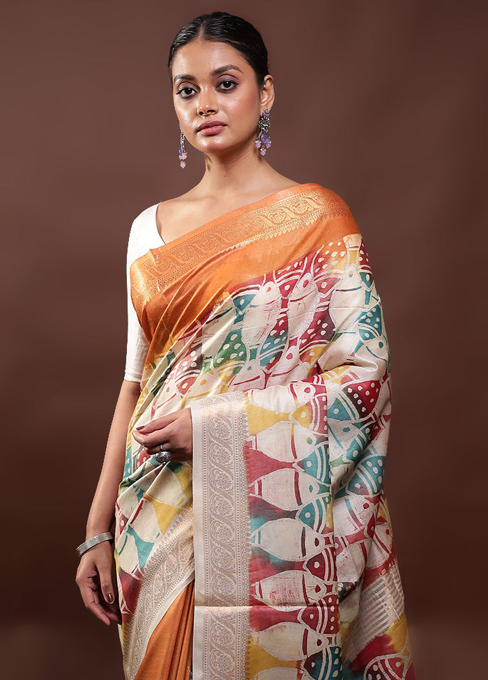 Multicolor Printed Pure Silk Saree Without Blouse Piece