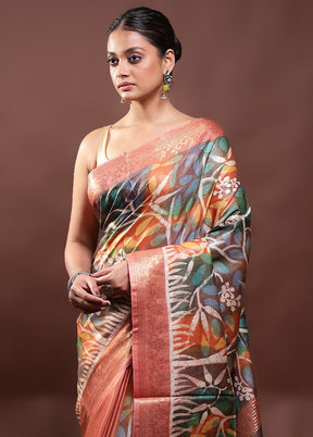 Multicolor Printed Pure Silk Saree Without Blouse Piece