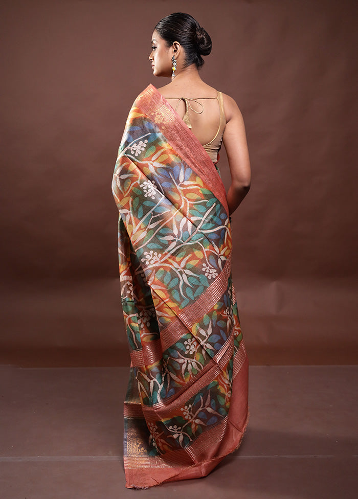 Multicolor Printed Pure Silk Saree Without Blouse Piece