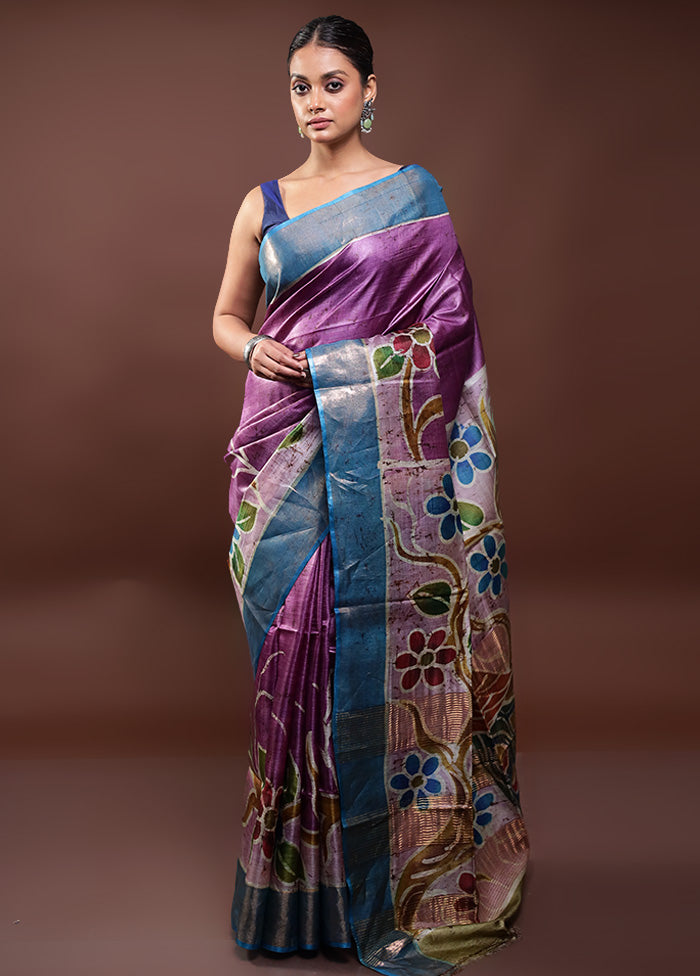 Purple Handloom Tussar Pure Silk Saree With Blouse Piece