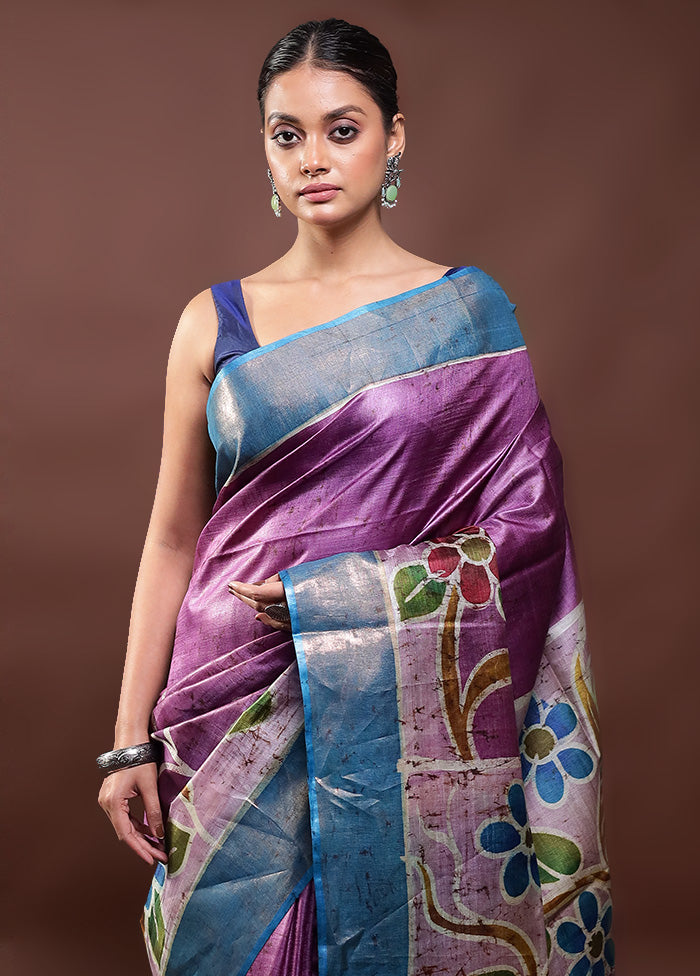 Purple Handloom Tussar Pure Silk Saree With Blouse Piece