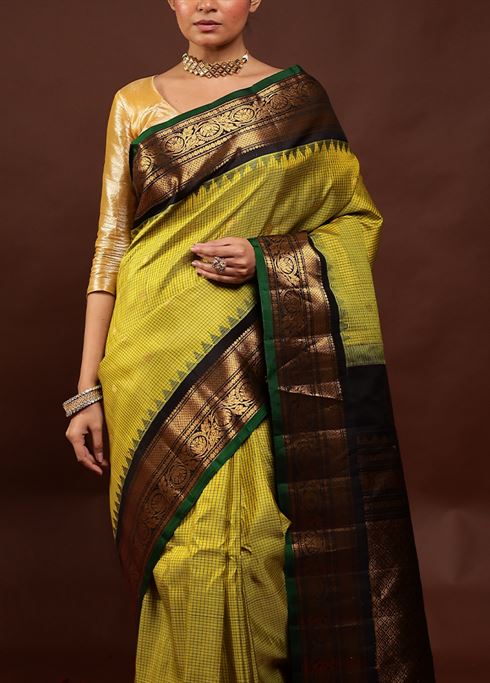 Green Gadwal Pure Silk Saree Without Blouse Piece