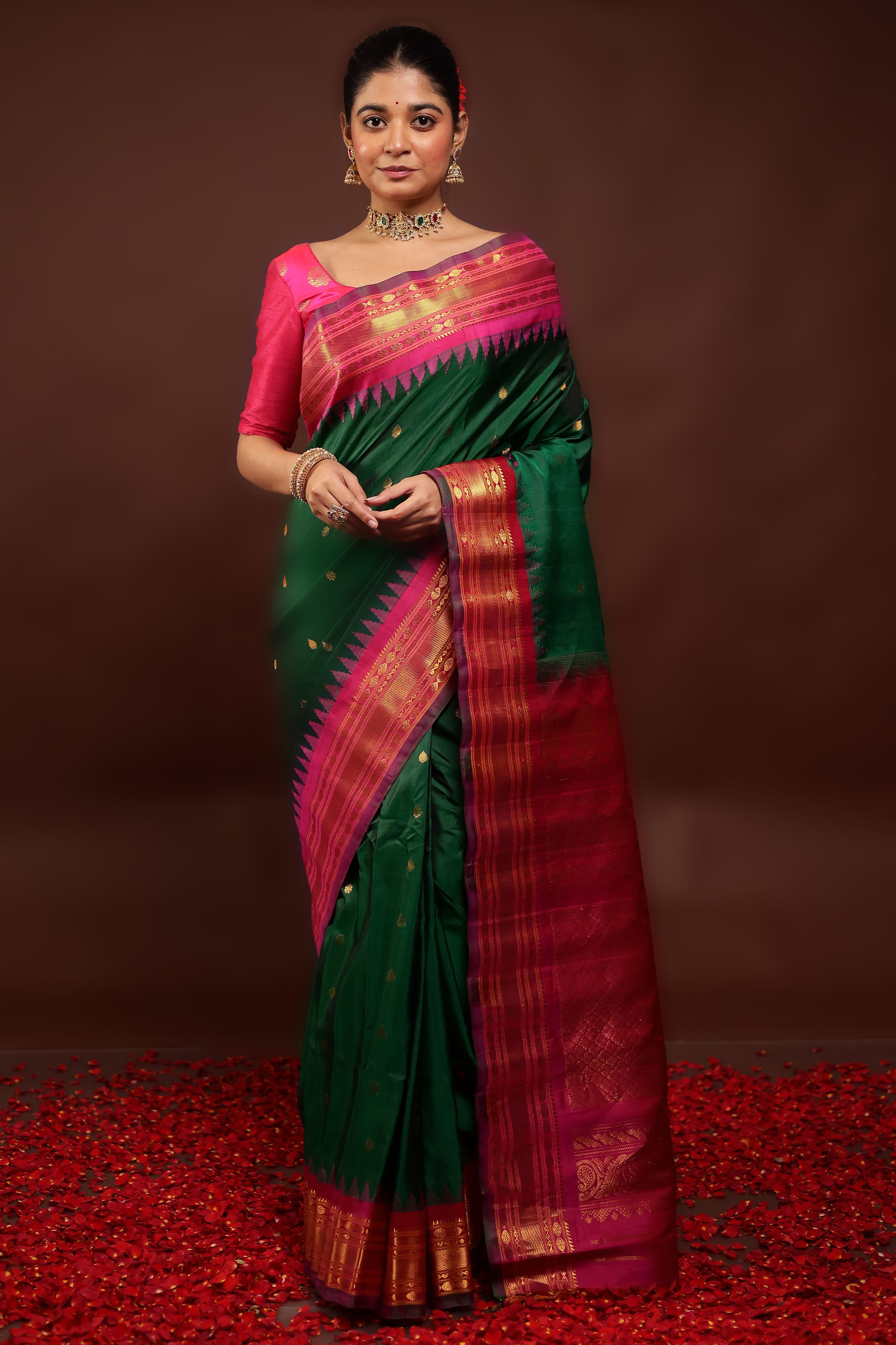 Green Gadwal Pure Silk Saree Without Blouse Piece