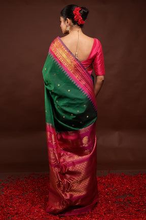 Green Gadwal Pure Silk Saree Without Blouse Piece