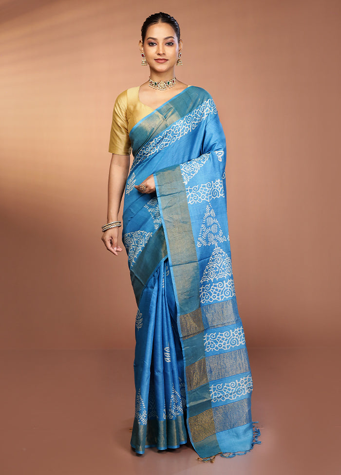 Blue Tussar Silk Saree With Blouse Piece