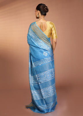 Blue Tussar Silk Saree With Blouse Piece