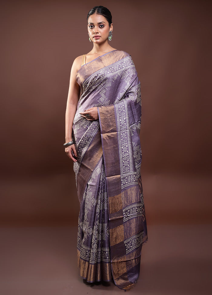 Grey Tussar Silk Saree With Blouse Piece