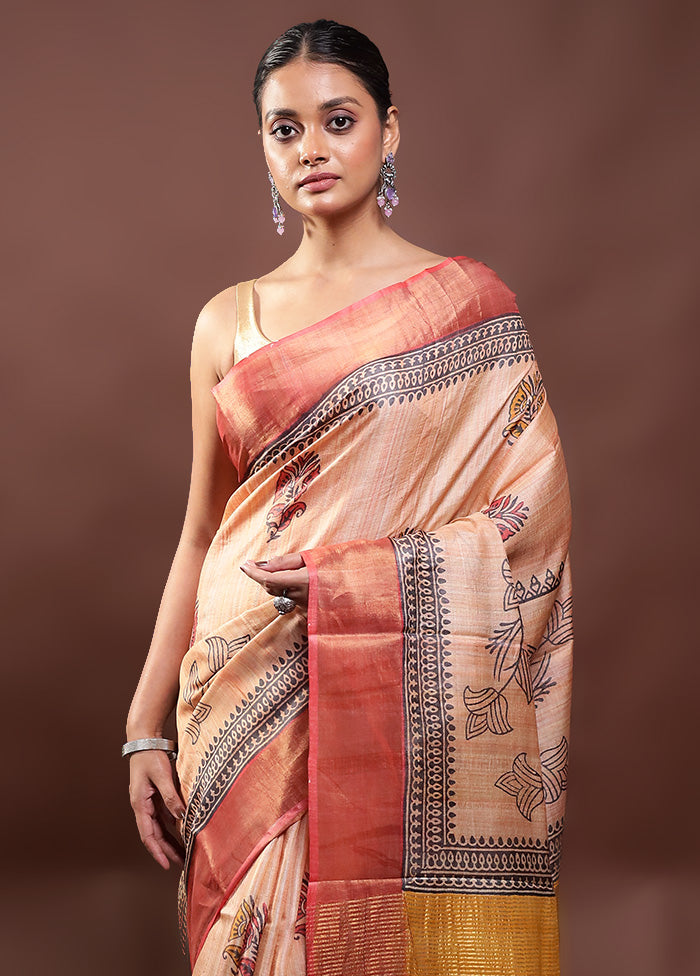 Peach Tussar Silk Saree With Blouse Piece