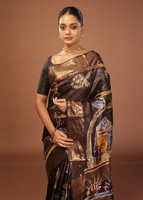 Brown Handloom Tussar Pure Silk Saree With Blouse Piece