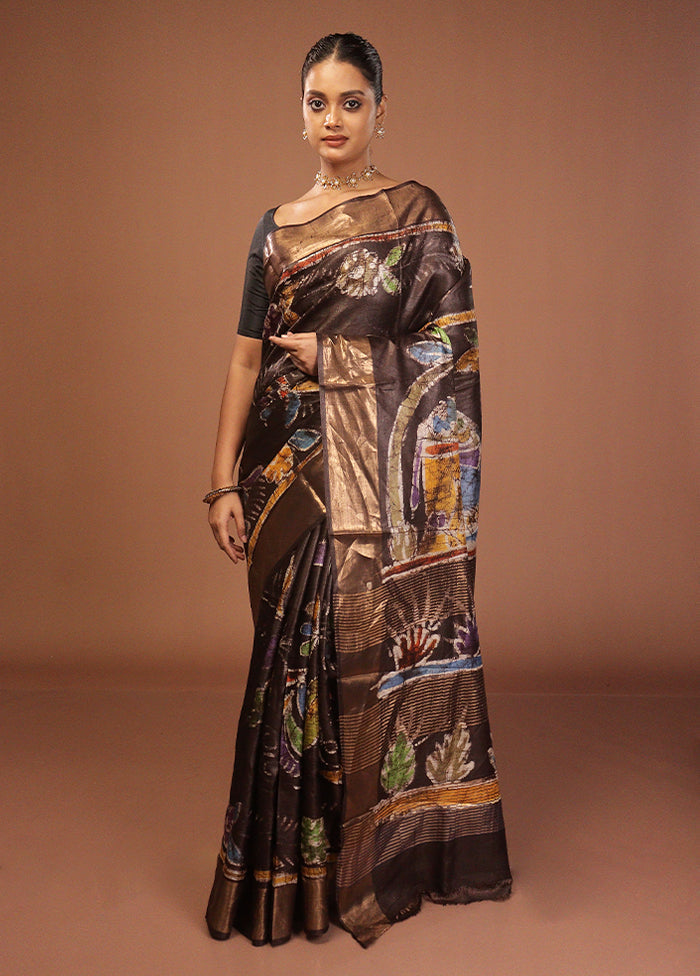 Brown Handloom Tussar Pure Silk Saree With Blouse Piece