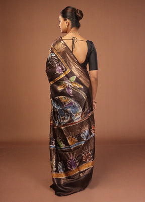 Brown Handloom Tussar Pure Silk Saree With Blouse Piece