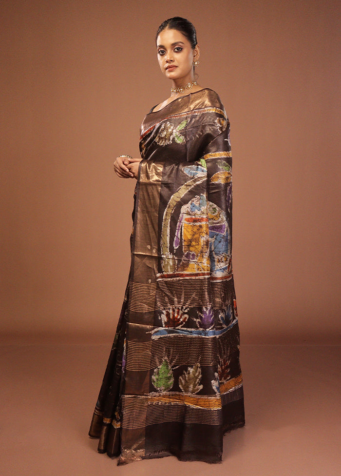 Brown Handloom Tussar Pure Silk Saree With Blouse Piece