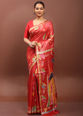 Red Handloom Tussar Pure Silk Saree With Blouse Piece