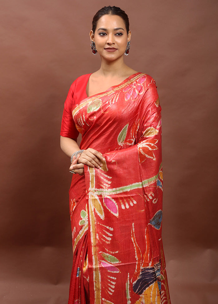 Red Handloom Tussar Pure Silk Saree With Blouse Piece