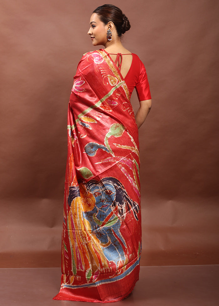 Red Handloom Tussar Pure Silk Saree With Blouse Piece