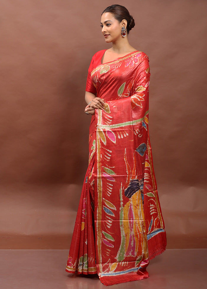 Red Handloom Tussar Pure Silk Saree With Blouse Piece