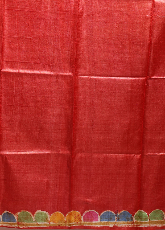 Red Handloom Tussar Pure Silk Saree With Blouse Piece