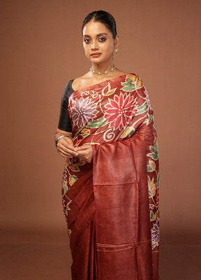 Purple Handloom Tussar Pure Silk Saree With Blouse Piece