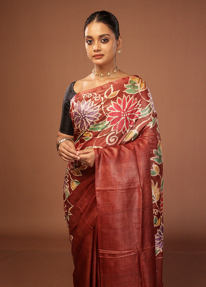 Purple Handloom Tussar Pure Silk Saree With Blouse Piece