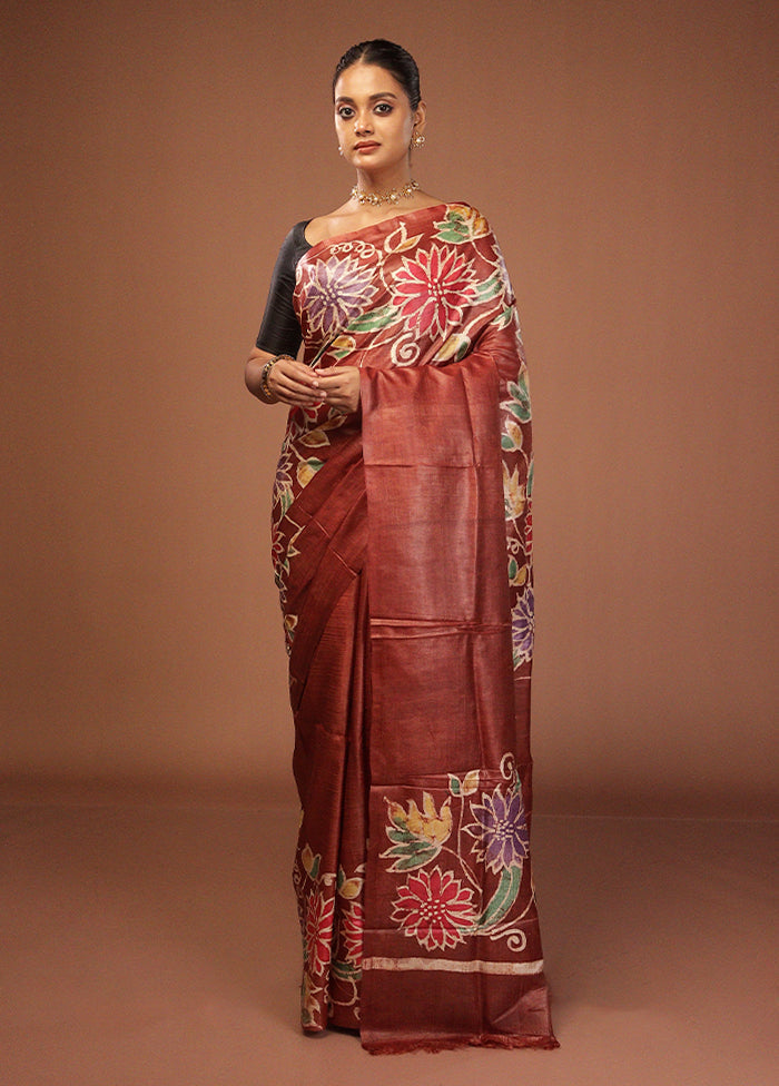 Purple Handloom Tussar Pure Silk Saree With Blouse Piece