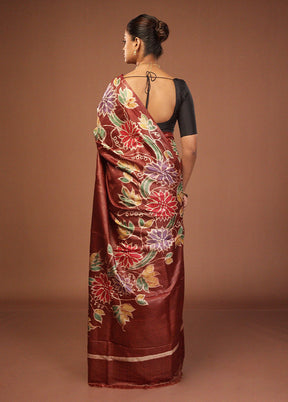 Purple Handloom Tussar Pure Silk Saree With Blouse Piece